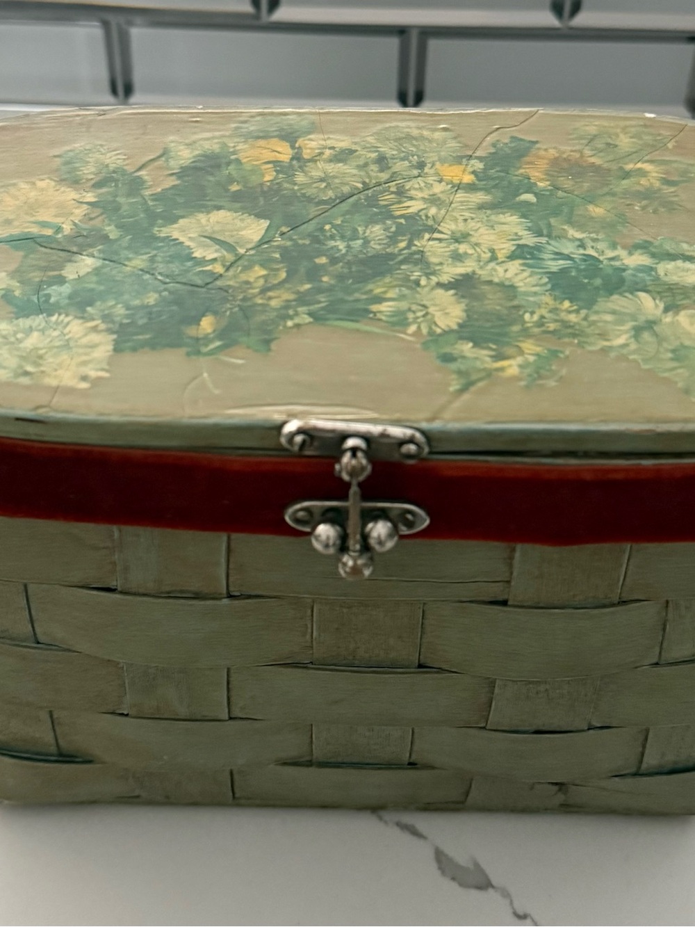 Woven Decorative Storage Box in Green with Red Trim